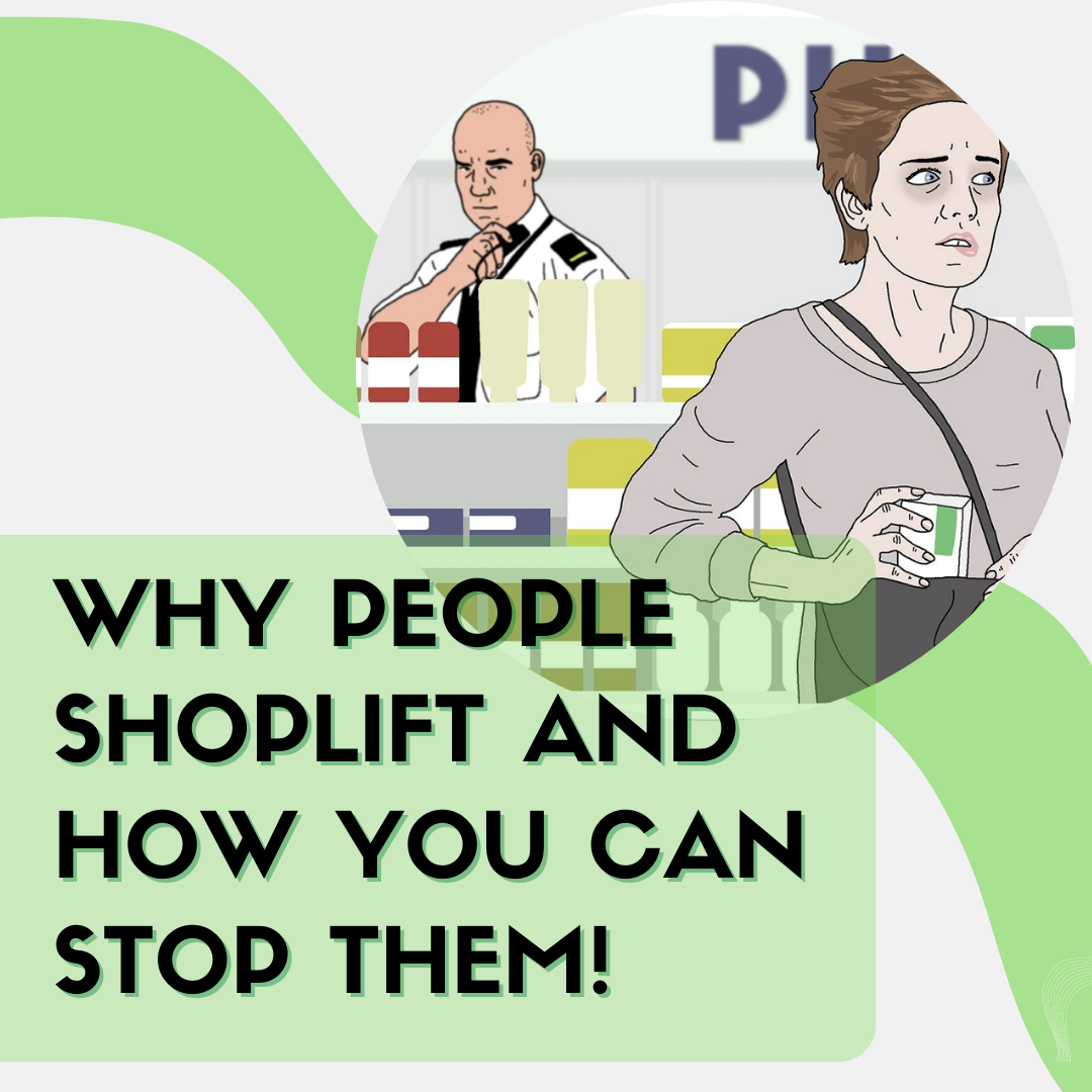 "Why people shoplift and how you can stop them!" Followed by an image of a woman stashing some medication into her purse.
